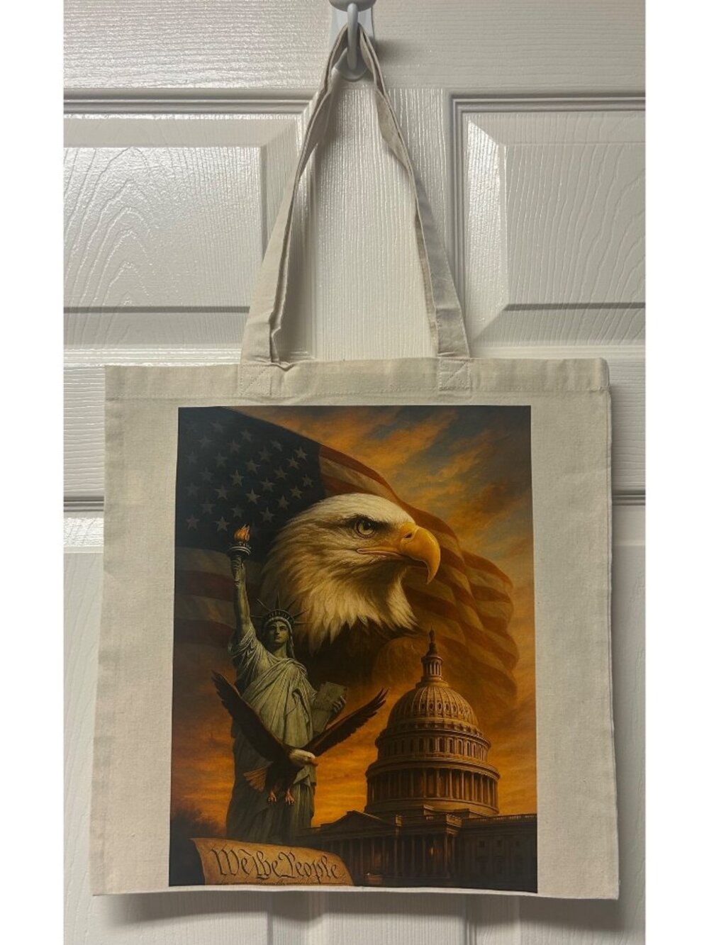 Patriotic Cotton Tote Bag Eagle Statue Of Liberty Capitol Reusable Eco-Friendly - Picture 2 of 3